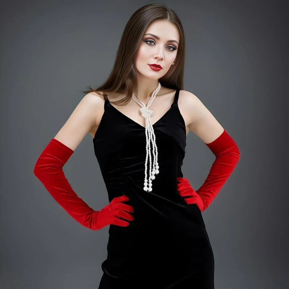 Women's Red Velvet Long Gloves Elbow Length Costume Flapper Evening Banquet